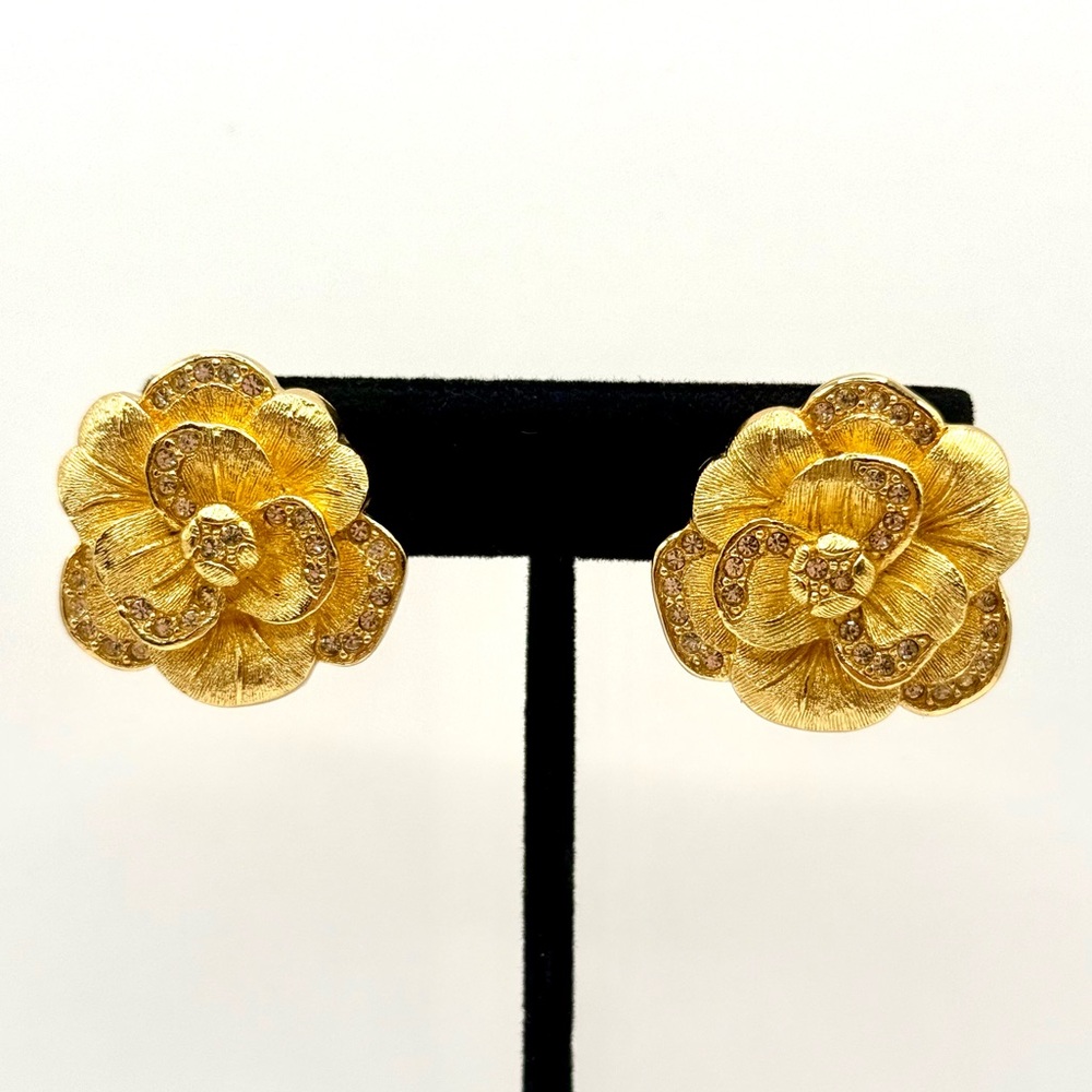 Vintage Christian Dior Gold Tone Floral Clip-On Earrings